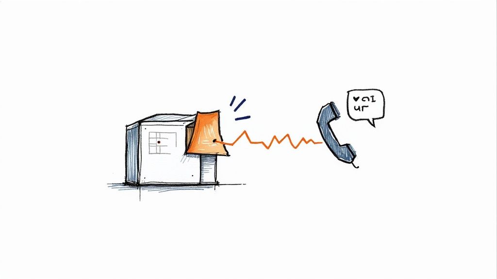 A sketch of a device with a speaker sending audio waves to a phone, with "Voi ur" in a speech bubble.