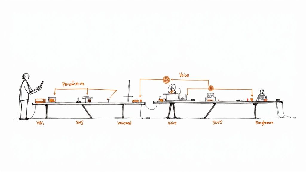 Hand-drawn diagram illustrating a sequential workflow from a person using a tablet through various communication channels.
