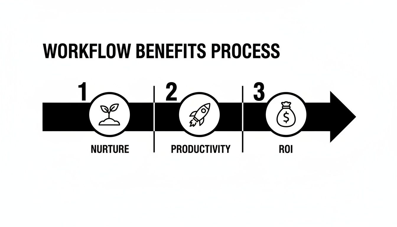 Workflow benefits process diagram showing nurture, productivity, and ROI stages with icons.