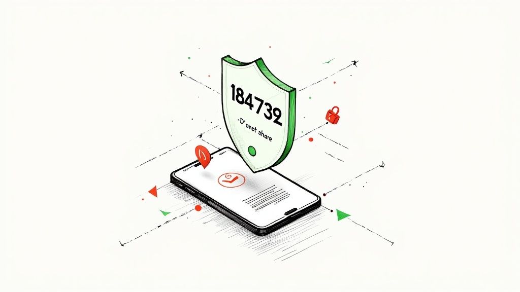 A sketch illustration of a smartphone with a green security shield displaying a numerical code, symbolizing two-factor authentication.