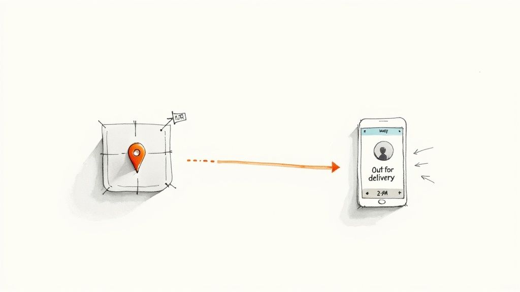 Hand-drawn illustration: a package with a pin sends 'Out for delivery' notification to a smartphone.