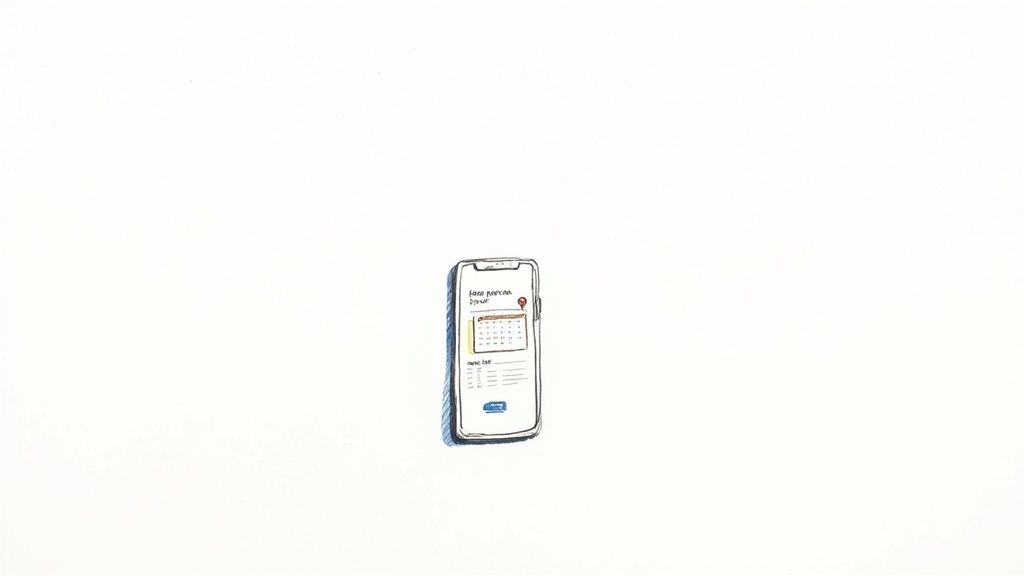 A hand-drawn illustration of a smartphone displaying a calendar and a list on its screen.