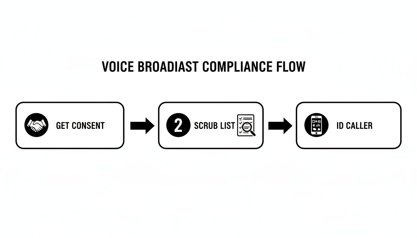 Flowchart showing three steps for voice broadcast compliance: get consent, scrub list, and ID caller.