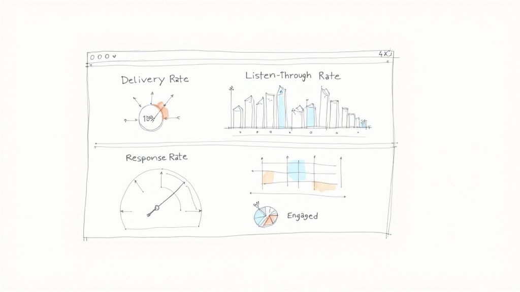 A hand-drawn whiteboard sketch of a software dashboard displaying delivery, listen-through, and response rates, plus engagement metrics.