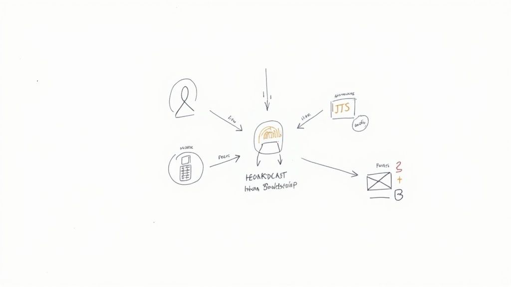 A hand-drawn diagram illustrates a voice broadcast software system with various inputs and outputs.