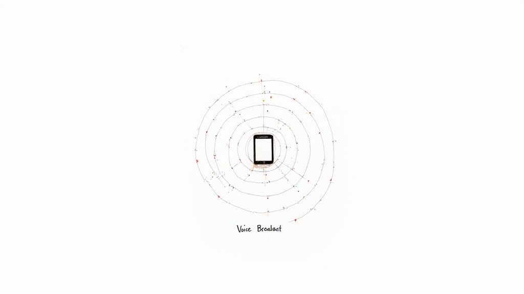 A hand-drawn illustration shows a smartphone broadcasting voice messages through concentric circles with colored dots.