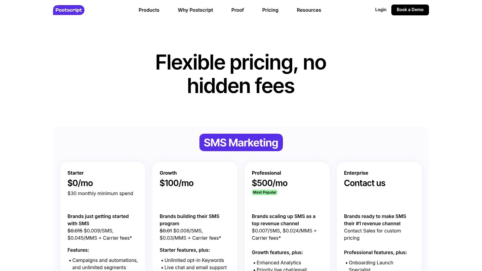 Postscript's pricing page, showing transparent tiered and per-message rates for SMS marketing.