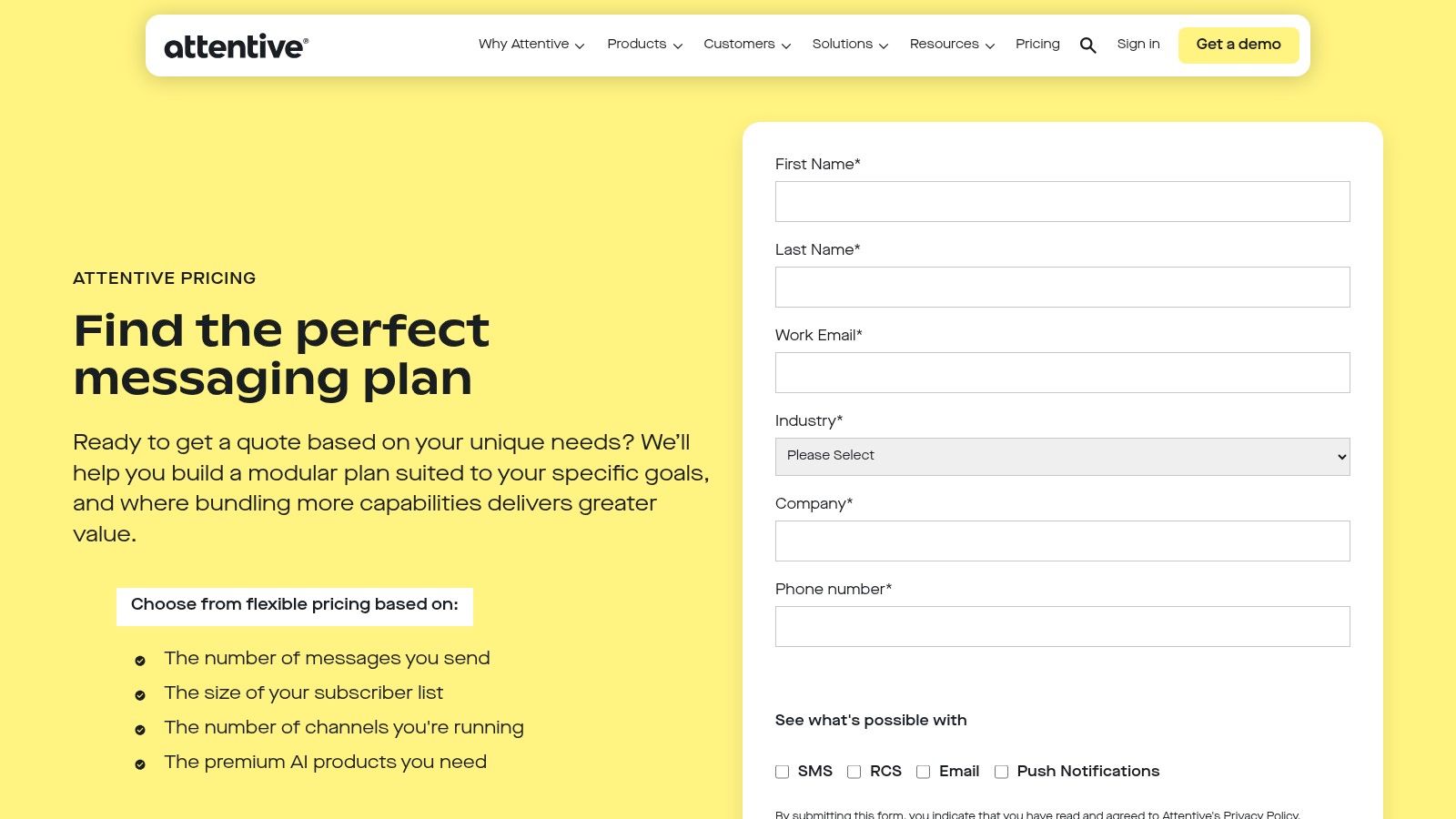 Attentive's pricing page, which requires a demo request for custom enterprise quotes.