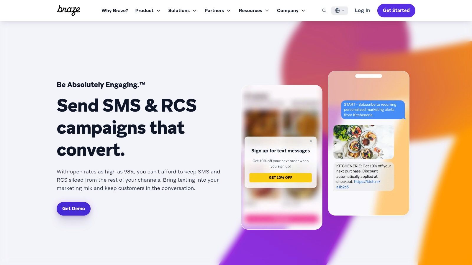 Braze's SMS marketing product page, highlighting its multichannel engagement capabilities.