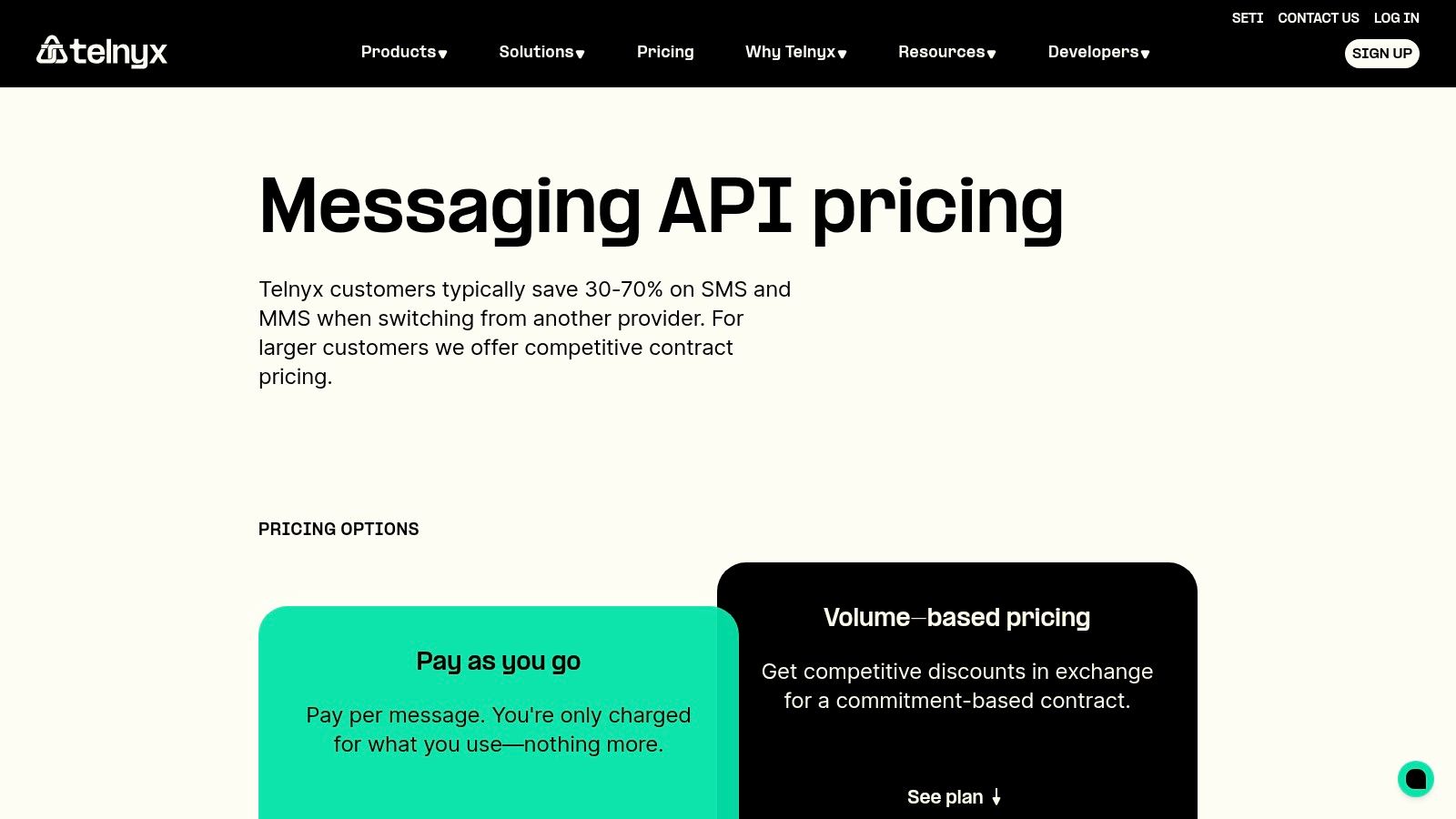 Telnyx's messaging API pricing page, highlighting its low base rates for developers.