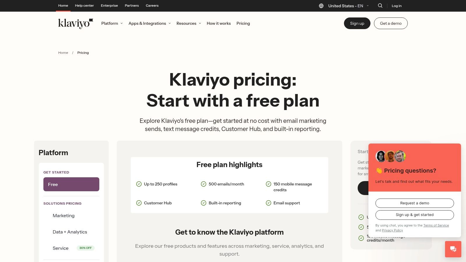 Klaviyo's SMS pricing page showing its credit-based bundles for US customers.