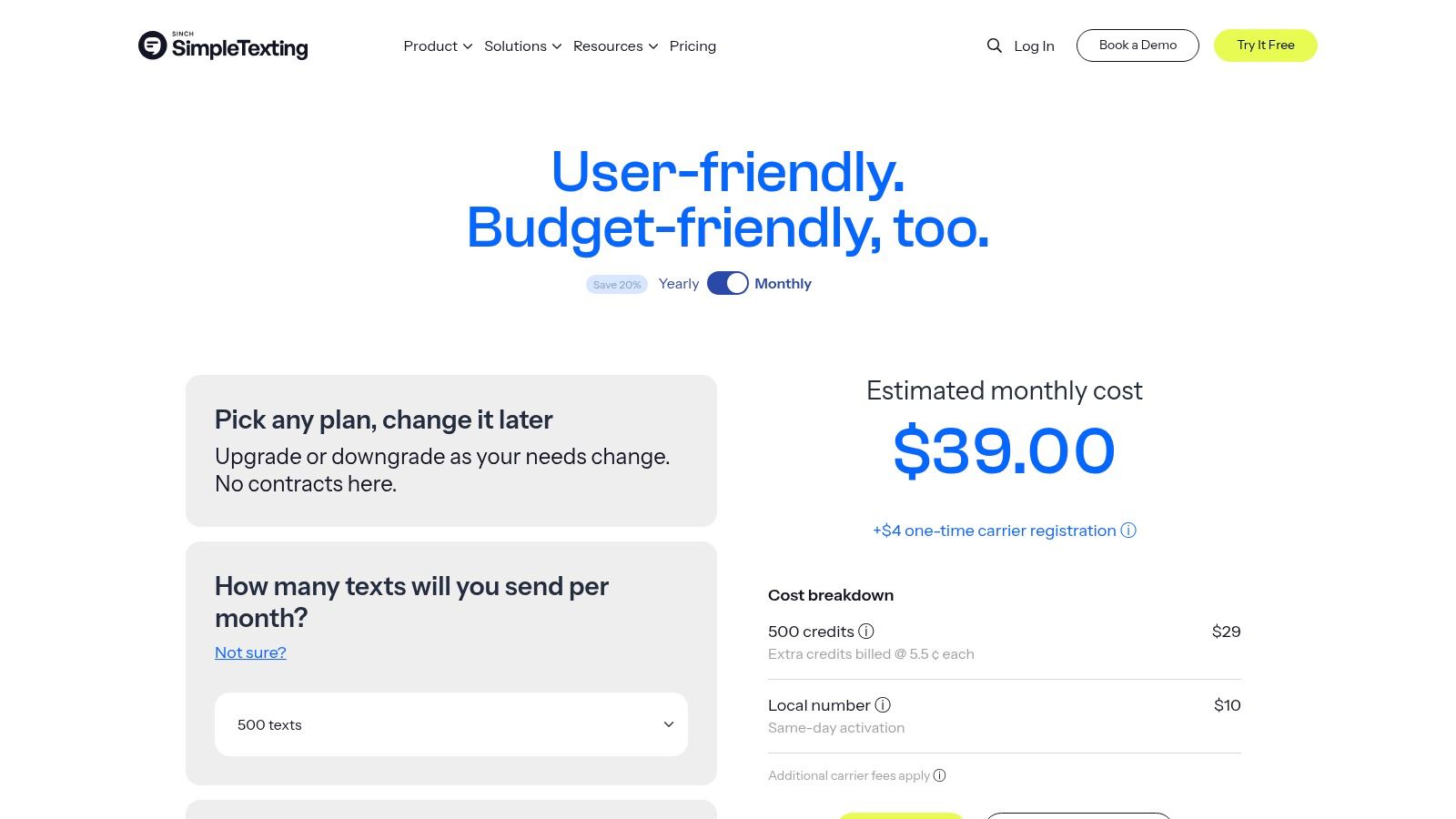 SimpleTexting's clear, credit-based pricing plans, a key feature for small businesses managing their SMS marketing budget.