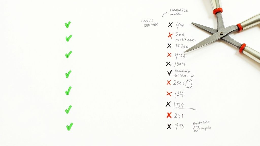 A handwritten checklist on white paper, featuring green checkmarks, numbers, cross-outs, and scissors.