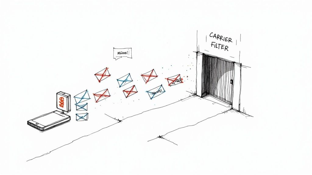 Illustration showing messages from a phone approaching a 'CARRIER FILTER' gate, with some blocked.