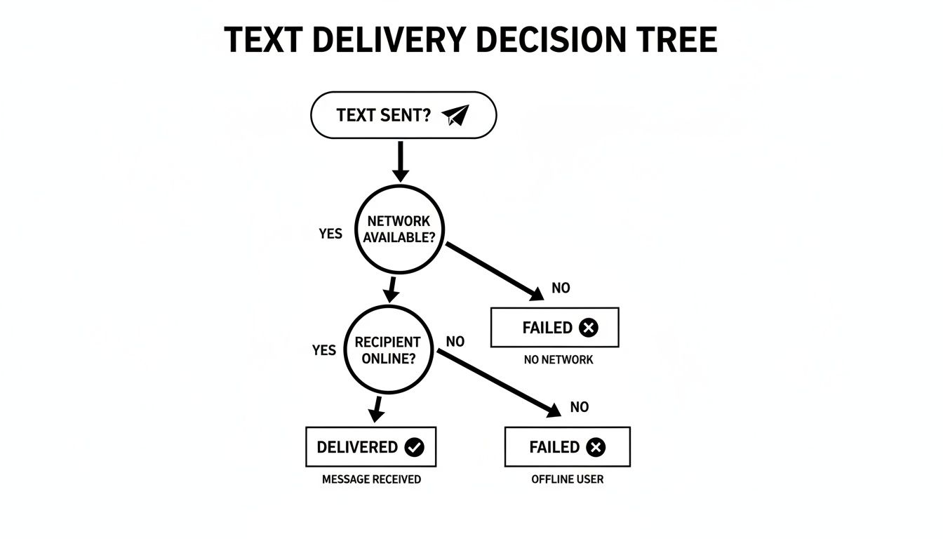 A text message delivery decision tree flowchart showing steps from sending to delivery or failure.