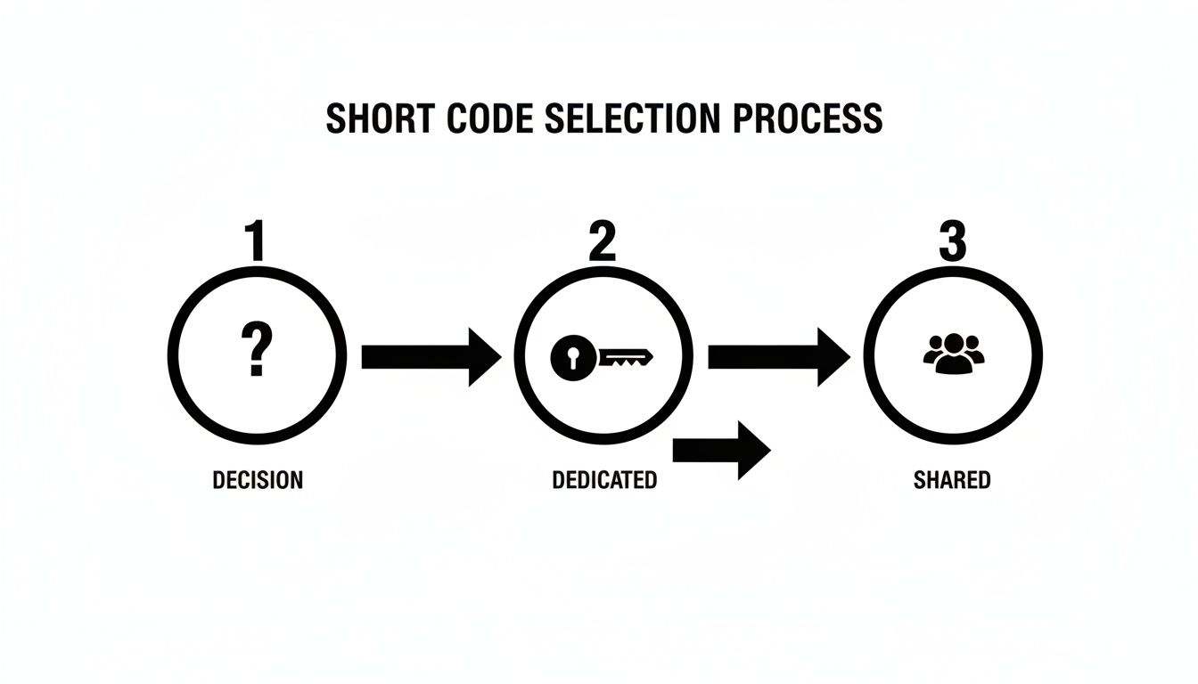 Flowchart detailing the short code selection process, with steps for decision, dedicated, and shared options.