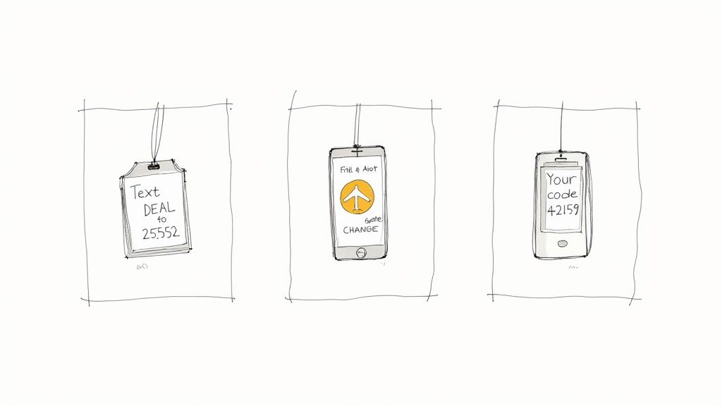 Hand-drawn sketches illustrating mobile phone uses: text deal, gate change alert, and verification code.