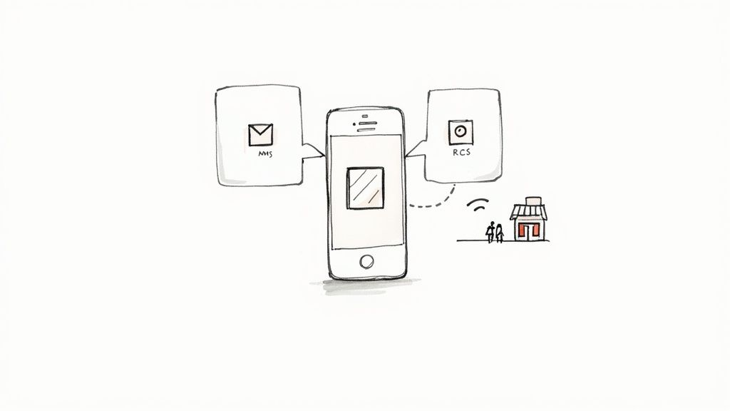 A sketch of a smartphone with MMS and RCS messaging bubbles, connecting to a store and people.