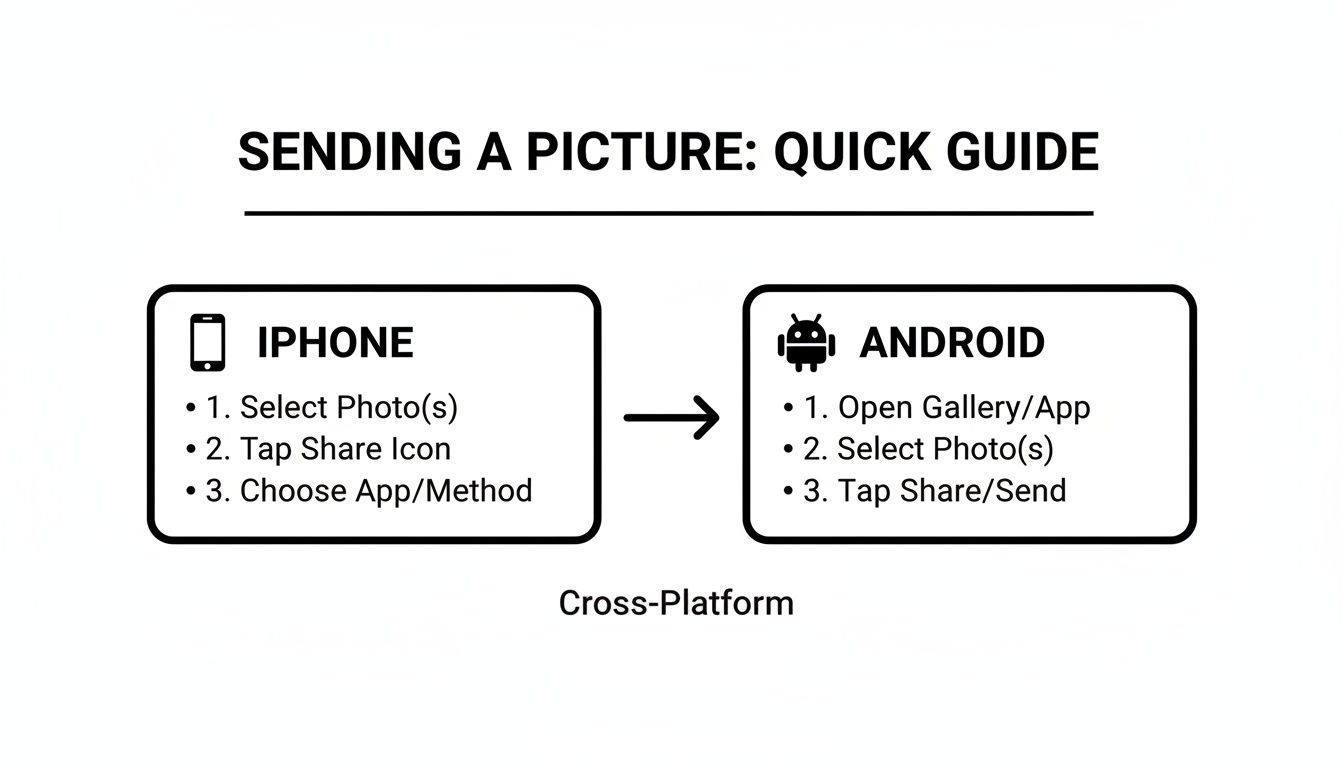 A quick guide on sending pictures, detailing steps for both iPhone and Android devices.
