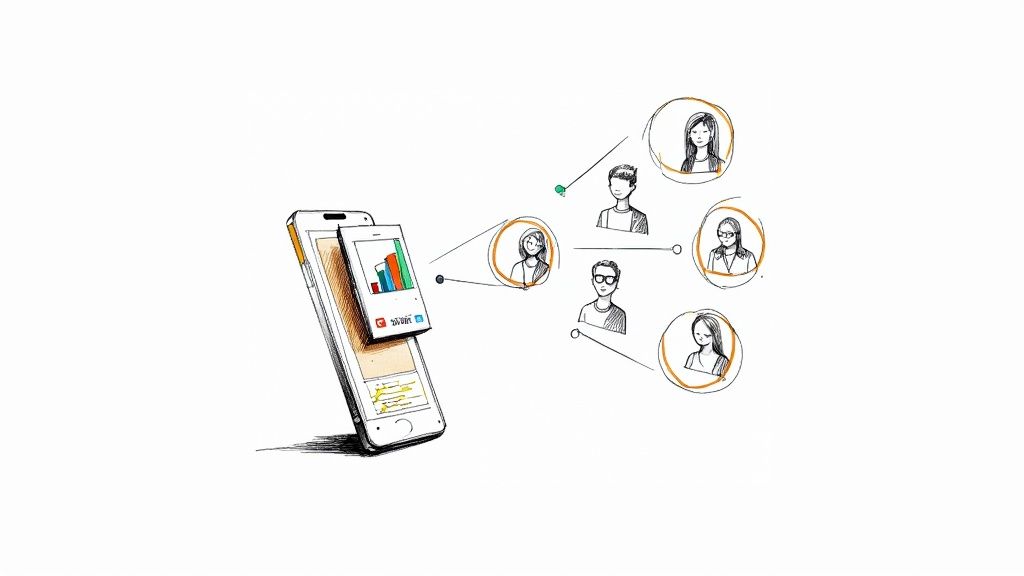 Illustration of a smartphone displaying data and charts, sharing information with multiple users.