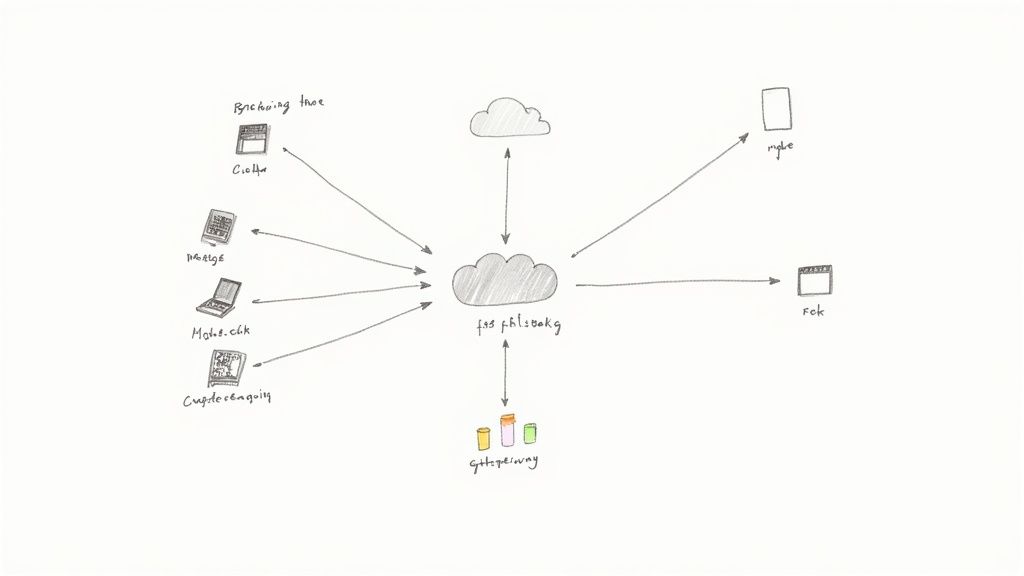 A hand-drawn diagram illustrating a central cloud service connecting to various user devices and other cloud components.