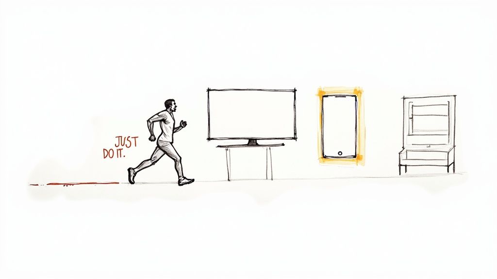 A man jogs past a TV, a highlighted smartphone, and a cabinet with a monitor, displaying 'JUST DO IT.'