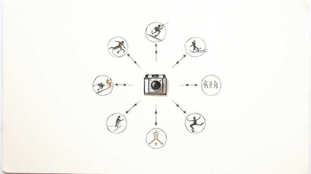A camera at the center with eight circular icons showing diverse sports activities, linked by arrows.