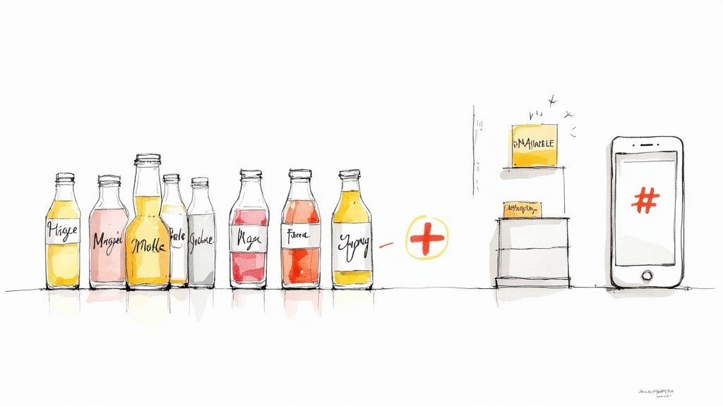 Hand-drawn illustration showing products, a retail display, and a phone with a hashtag for multi-channel marketing.