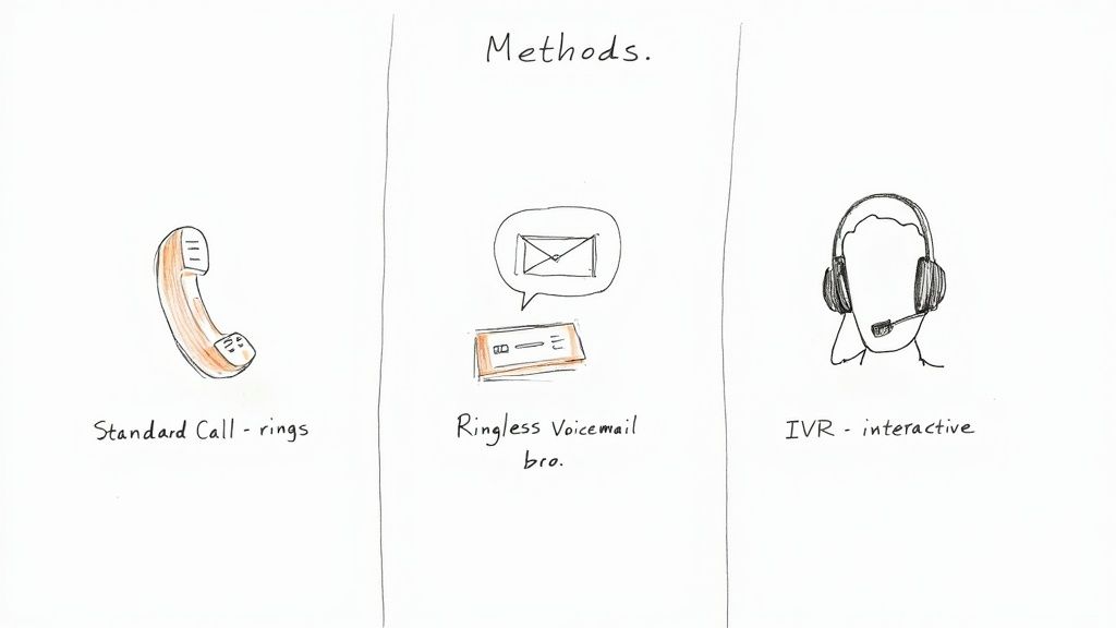 Hand-drawn illustration depicting three communication methods: standard call, ringless voicemail, and IVR interactive.