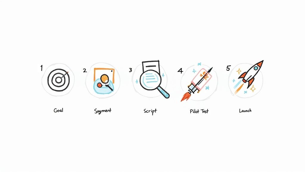 Hand-drawn illustration outlining a five-step process: Goal, Segment, Script, Pilot Test, and Launch.