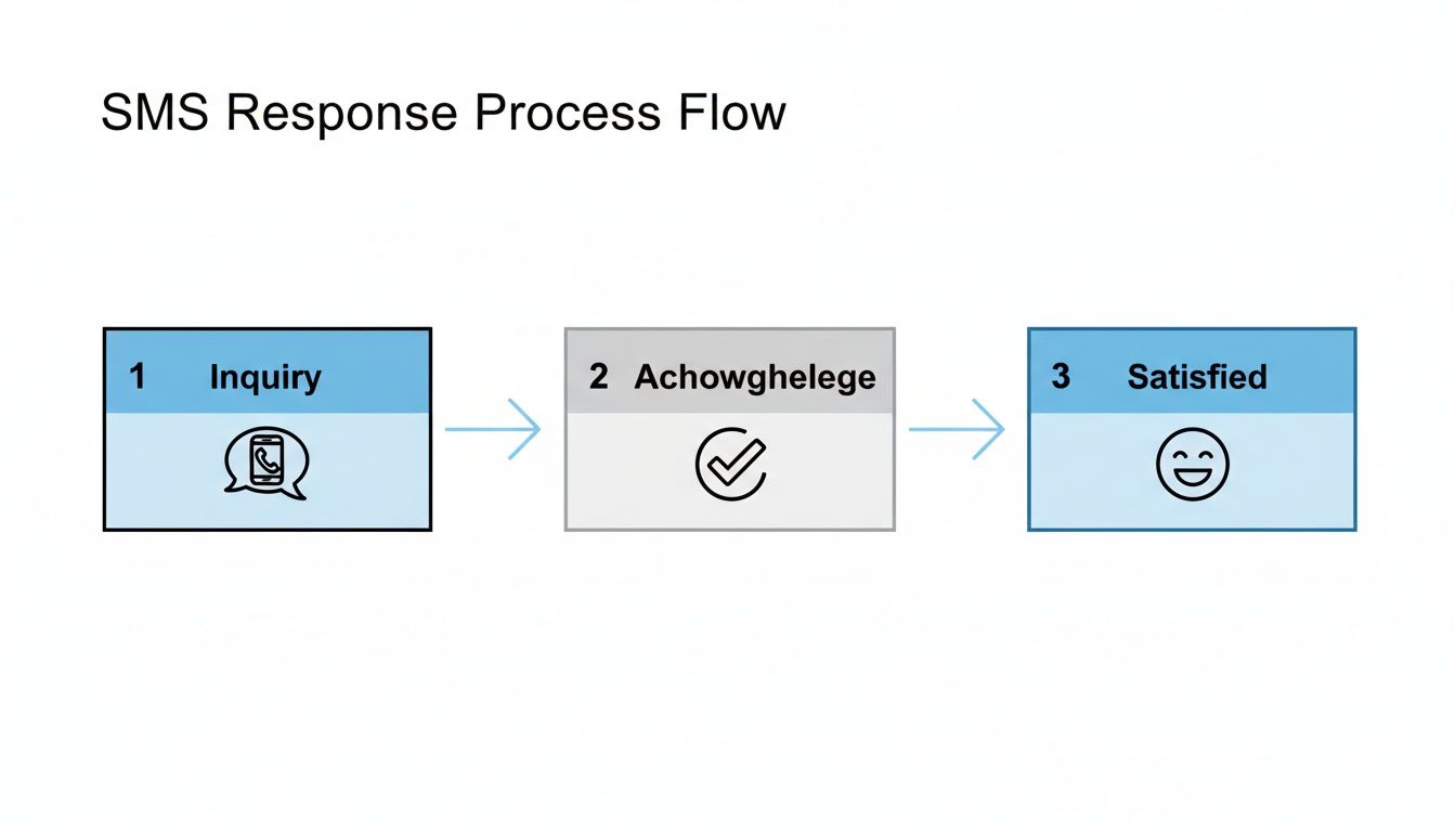Diagram showing an SMS response process flow: 1. Inquiry with phone icon, 2. Achowgelego with checkmark, 3. Satisfied with happy face.