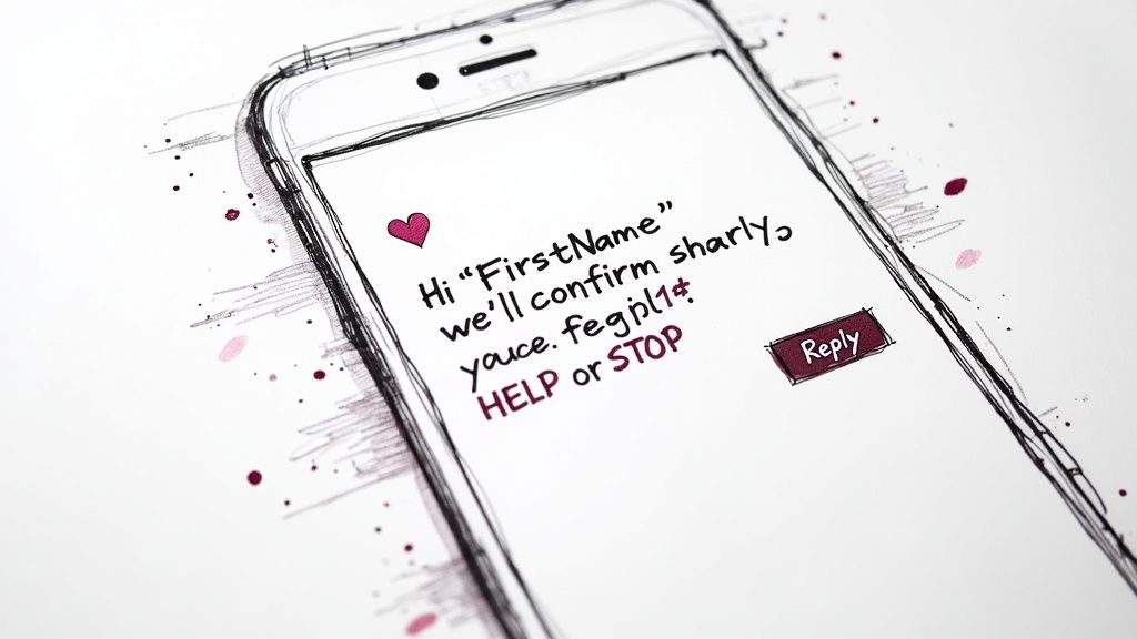 A hand-drawn smartphone screen displaying a suspicious text message with a heart icon and a 'Reply' button.