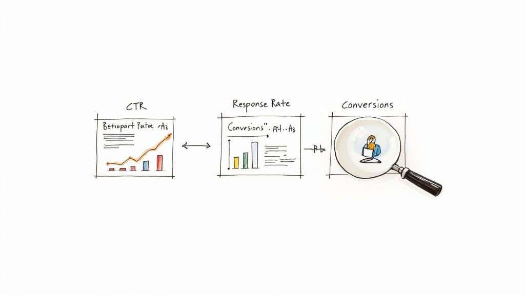 A marketing analytics flow showing CTR, Response Rate, and Conversions, represented by graphs and a magnifying glass.