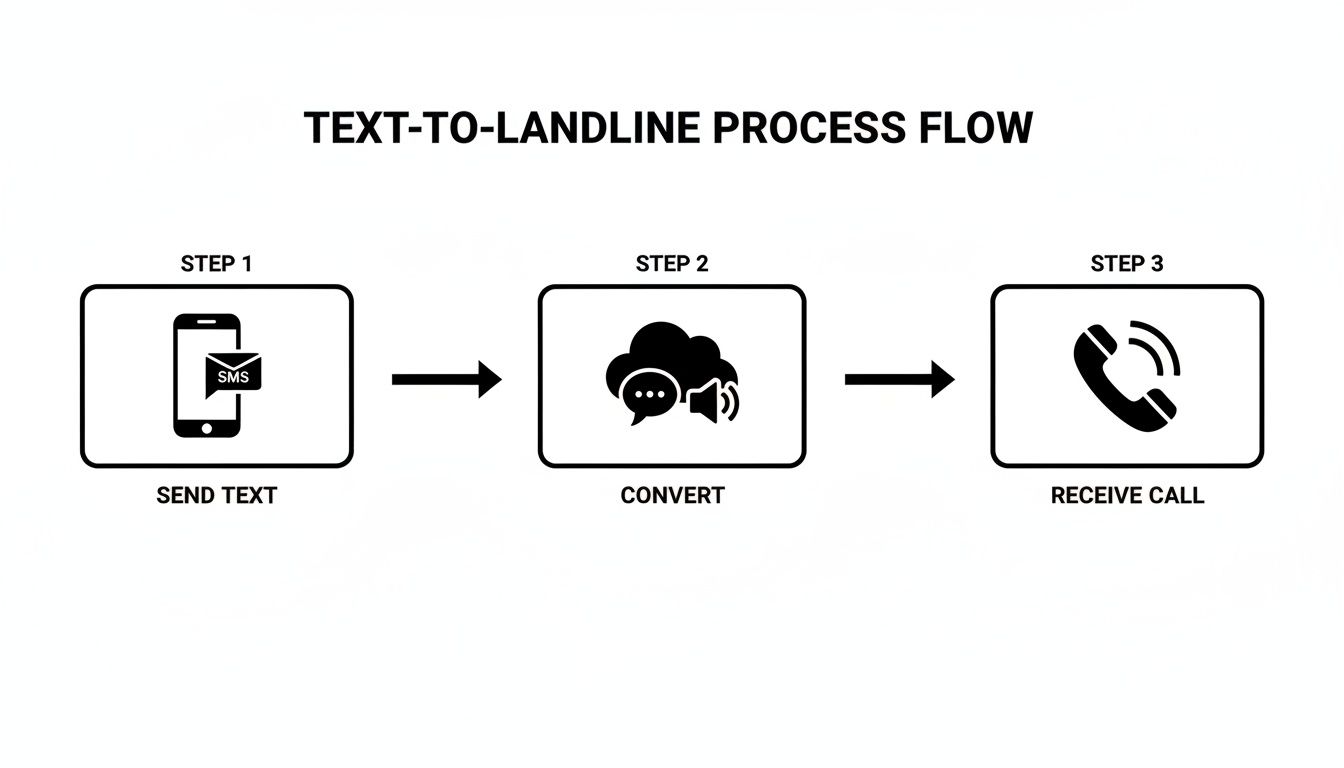 A three-step process flow diagram showing text-to-landline conversion: send text, convert, receive call.