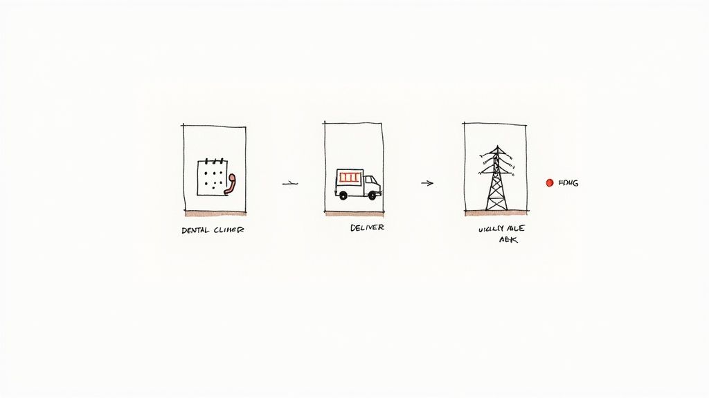 A hand-drawn diagram illustrating a three-step process: a calendar with a phone, a delivery truck, and an electricity pylon.