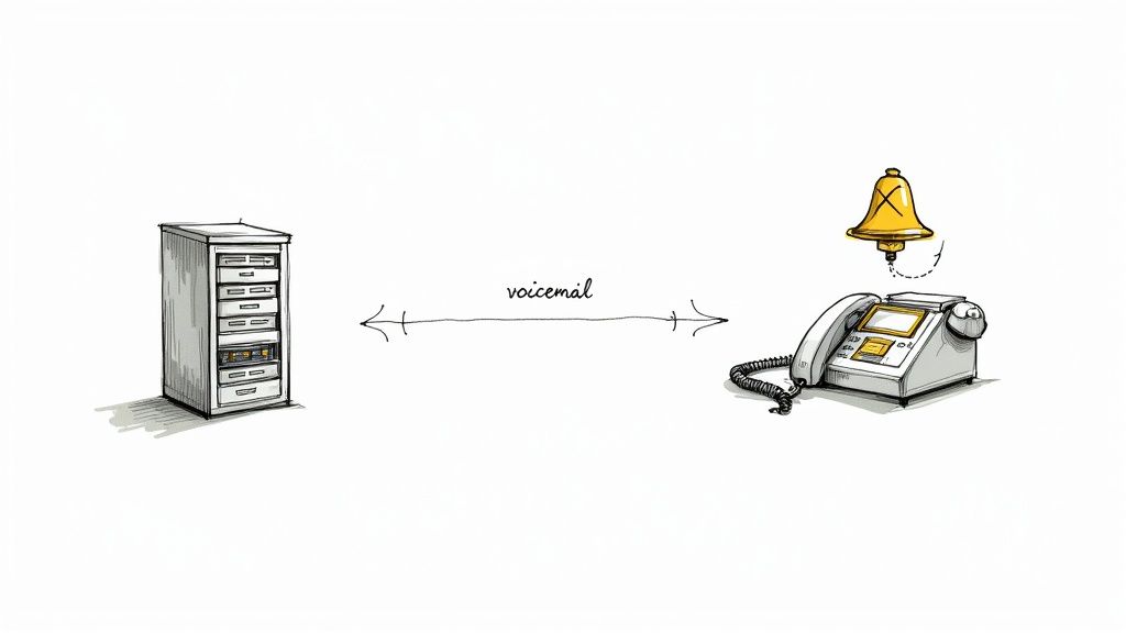 Illustration of a server, a landline phone, and 'voicemail' text with arrows, depicting a voicemail system.