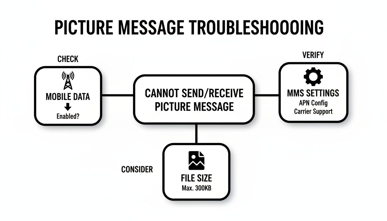 Flowchart illustrating steps to troubleshoot problems sending or receiving picture messages, including data and MMS settings.
