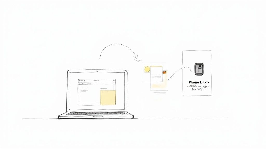A sketch shows a laptop connected to a Phone Link/Messages for Web application, illustrating data transfer.