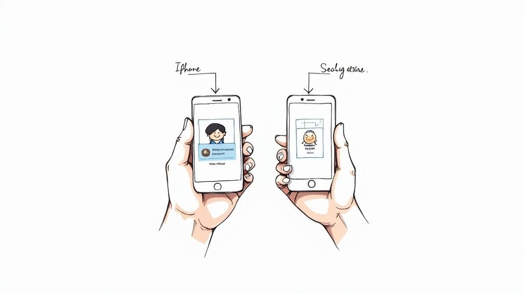 Two hands holding smartphones, illustrating communication or content transfer between an iPhone and another device.