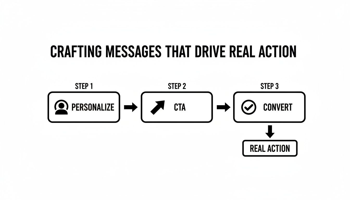 Flowchart showing steps to craft messages: personalize, include CTA, convert to real action.