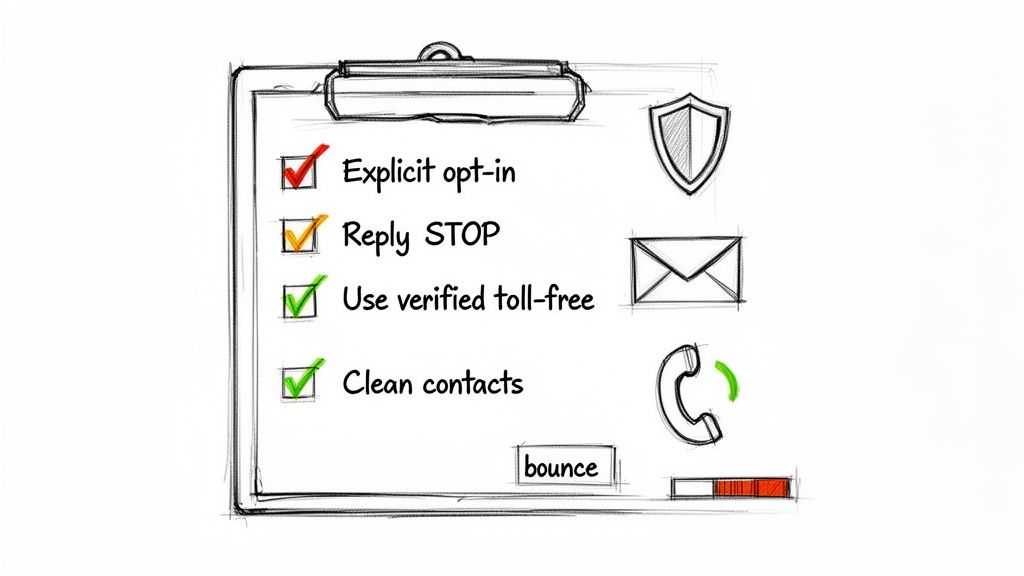 A hand-drawn checklist for SMS best practices, including explicit opt-in and verified contacts.
