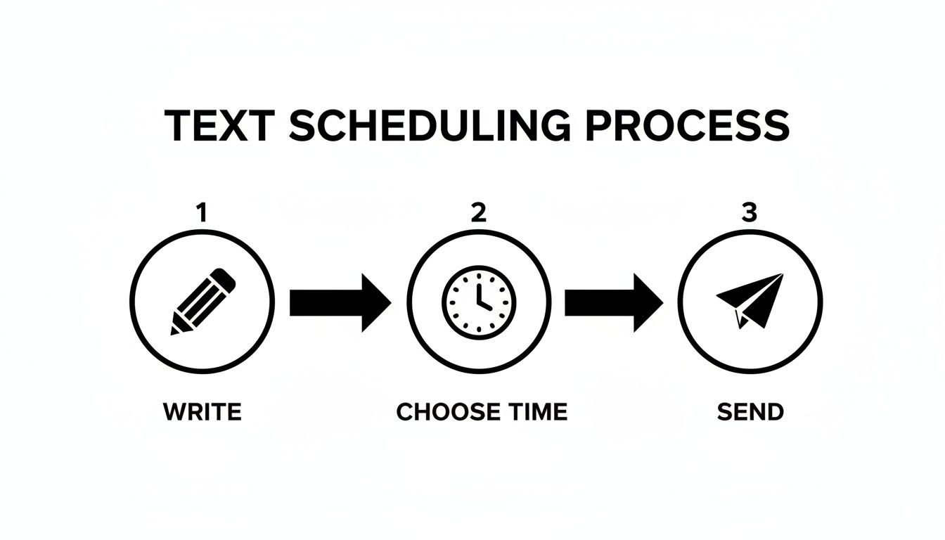 Diagram illustrating the three-step text message scheduling process: write, choose time, and send.