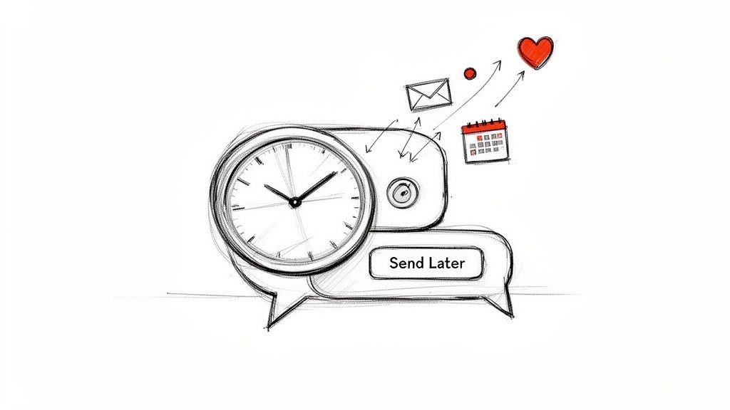 A sketch showing a clock in a speech bubble and 'Send Later' text, illustrating message scheduling.