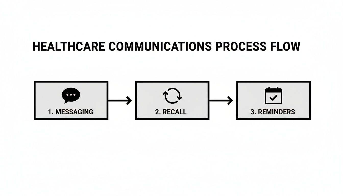 A clear healthcare communications process flow diagram outlining three steps: Messaging, Recall, and Reminders.