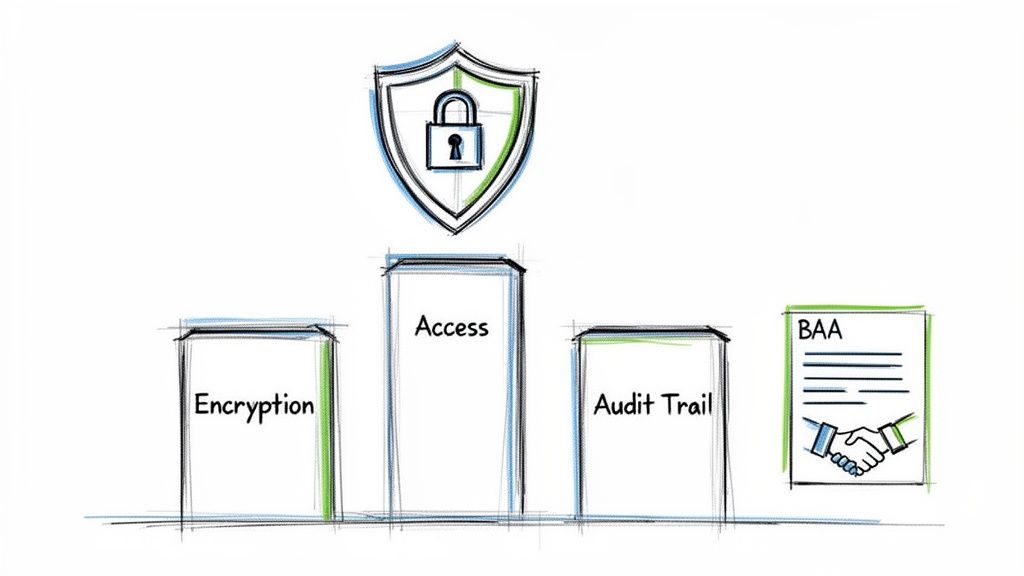 Hand-drawn image showing a security shield with a padlock above columns for Encryption, Access, Audit Trail, and a BAA document.