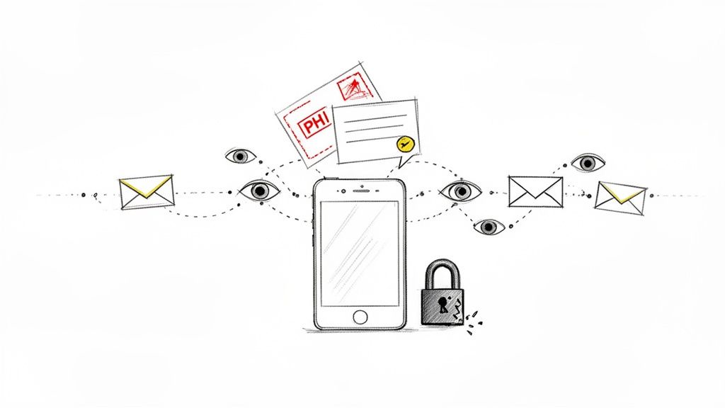 Illustration of a smartphone sending and receiving messages, with watchful eyes, PHI data, and a broken security padlock.