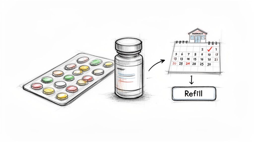 A sketch showing medication pills, a bottle, a pharmacy calendar, and a 'Refill' button for managing prescriptions.