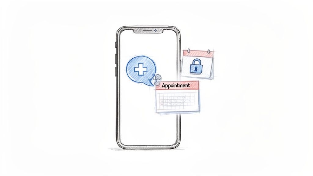 Sketch of a mobile phone displaying a healthcare cross icon, a secure calendar, and an appointment schedule.