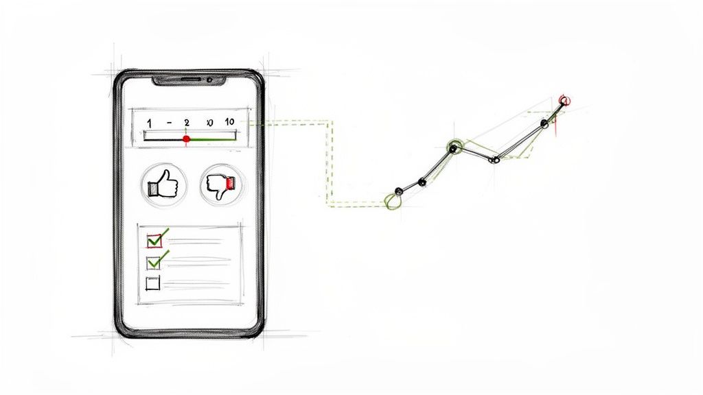 A sketch of a smartphone app displaying user feedback options and a connected data trend graph.