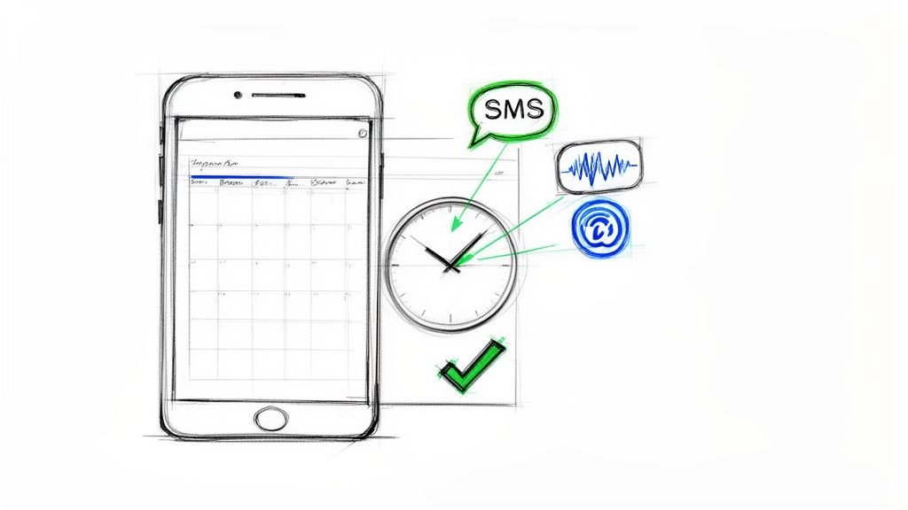 A sketch of a smartphone displaying a calendar, connected to a clock, SMS, audio, and email icons, indicating scheduling and notifications.